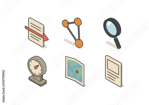 isometric icon items isolated on white background meaning narrative thread meaning semantic network meaning interpretive lens meaning significance scale meaning thematic map meaning