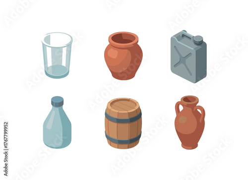 isometric icon items isolated on white background vessel glass beaker vessel ceramic pot vessel metal canister vessel plastic flask vessel wooden barrel vessel clay amphora