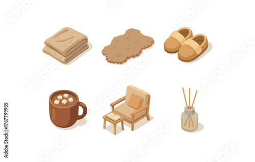 isometric icon items isolated on white background coziness soft drapery coziness fur throw coziness warm slippers coziness hot cocoa mug coziness reading nook coziness scented diffuser