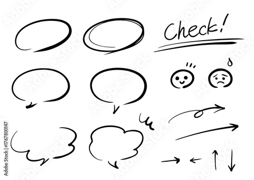 ペンの手書き矢印とあしらいのベクターイラストセット (線画・モノクロ)