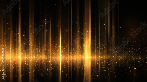 Golden light streaks down with blurry bokeh particles on a dark background. Use for a magical, elegant design or as a luxury backdrop image.