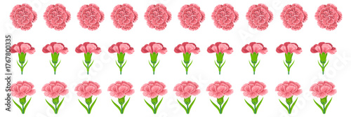 Mini carnation pattern, seamless border row, repeating blossoms, cute floral background, scrapbook elements, vector illustration, digital clipart