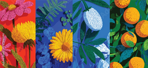 Botanical Illustration with Flowers Ferns Berry and Citrus Fruit Rich Colors and Bold Lines Modern Art Print Design