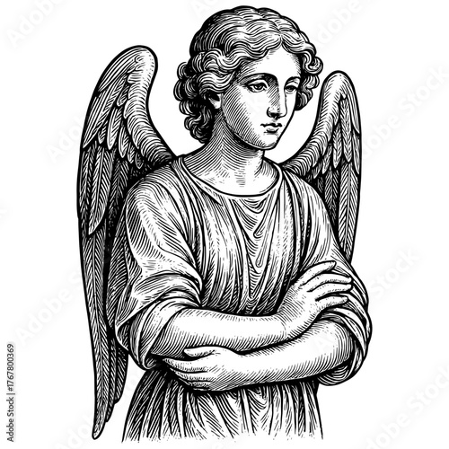 Vintage engraving of an angel. Detailed black and white etching illustration of a celestial figure with wings.