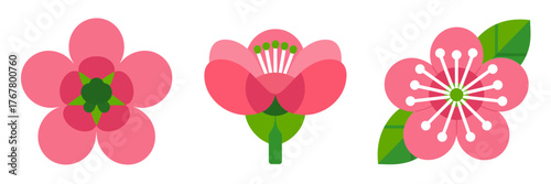 Pink blossom icons set, simple flower shapes, spring petals collection, cute decorative elements, vector illustration, isolated