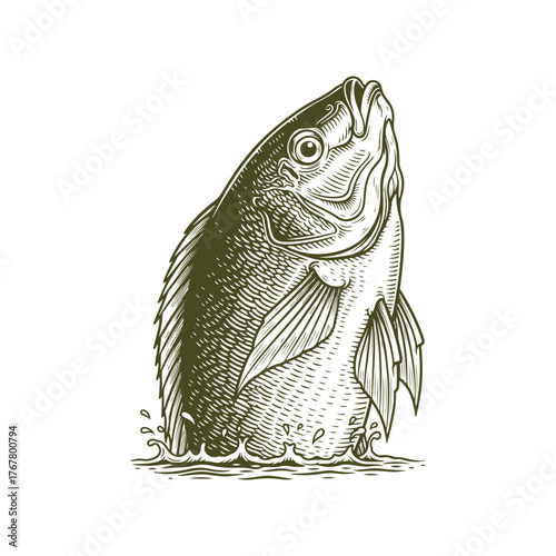 Tilapia fish breaching the water, Handdrawn linework woodcut or engraving vintage texture illustration