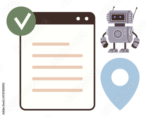 Completed task checklist with green check, robotic assistant, and location pin. Ideal for productivity, automation, technology, efficiency, navigation organization or success concepts. Clean flat