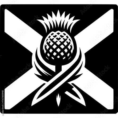 Scottish Thistle Emblem: An emblematic representation of Scottish heritage, featuring a detailed thistle set against a backdrop of the national flag, symbolizing pride and cultural identity.