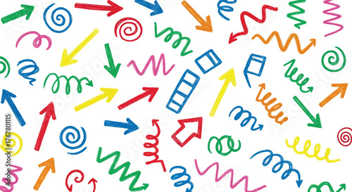 Colorful hand drawn arrows swirls and squiggles on a white background for design elements