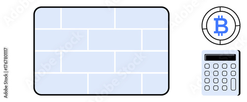 Brick wall representing security, Bitcoin icon denoting cryptocurrency, and calculator symbolizing financial tools. Ideal for blockchain, cryptocurrency, fintech, financial security, technology