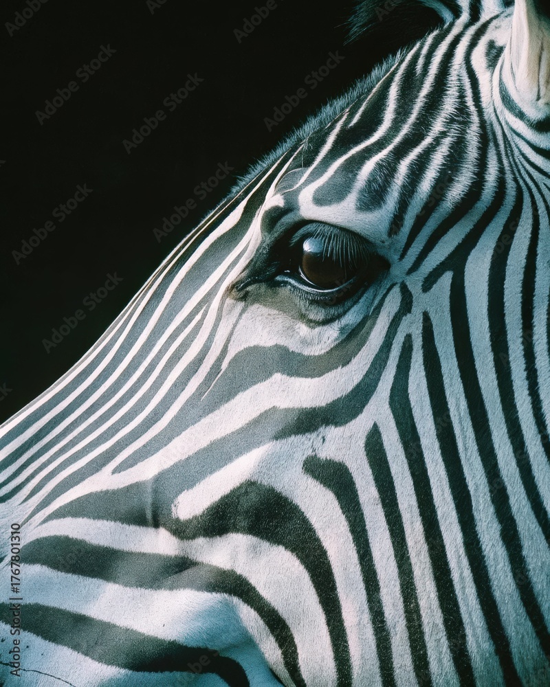Naklejka premium A zebra's face is shown in black and white