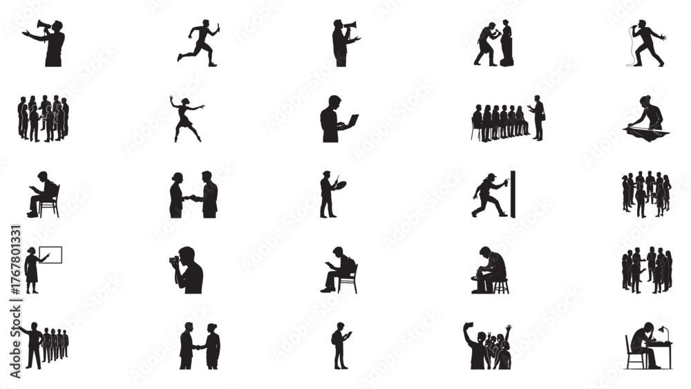 Naklejka premium Collection of Human Silhouettes in Various Poses and Activities
