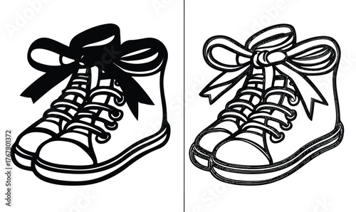 Charming pair of high top sneakers tied with bows monochrome illustration showcasing footwear elegance and minimalist design perfect for fashion enthusiasts and artistic projects