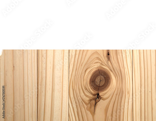 Close-up of aligned light-toned wooden planks, one with a prominent knot, contrasting against a dark top section