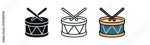 drum marching snare icon on white background Black silhouette flat icon outline icon and colored icon style. three minimal vector icon style