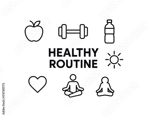 outline vector icon 6 isolated on white background minimal black monochrome style flat vector icon illustration central bold title text Healthy Routine surrounding icons: dumbbell water