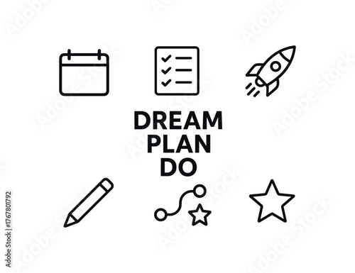 outline vector icon 6 isolated on white background minimal black monochrome style flat vector icon illustration central bold title text Dream Plan Do surrounding icons: calendar checklist