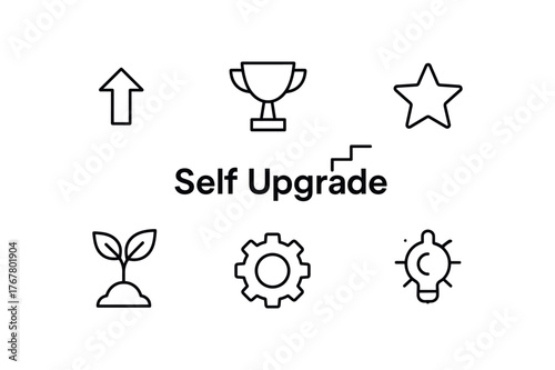 outline vector icon 6 isolated on white background minimal black monochrome style flat vector icon illustration central bold title text Self Upgrade surrounding icons: arrow stairs trophy