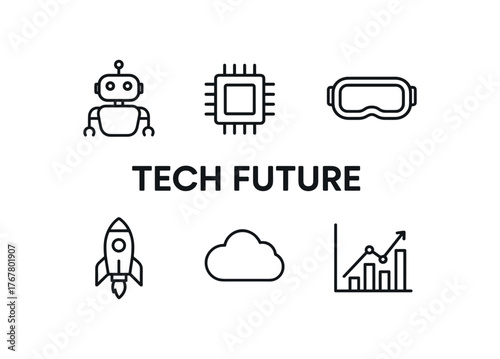 outline vector icon 6 isolated on white background minimal black monochrome style flat vector icon illustration central bold title text Tech Future surrounding icons: robot microchip VR