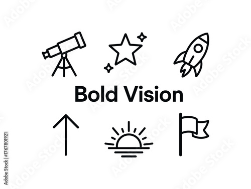 outline vector icon 6 isolated on white background minimal black monochrome style flat vector icon illustration central bold title text Bold surrounding icons: telescope stars rocket arrow