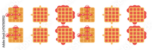 Waffle icons set, crispy grid squares collection, golden breakfast dessert pieces, bakery menu elements, flat vector illustration, editable