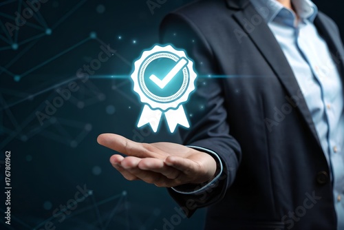 Quality assurance concept with businessman holding 5-star rating and checkmark badge icon. Ideal for business trust, customer satisfaction, product reviews and service excellence themes. 
