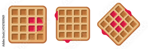Breakfast waffle set, square grid cakes, berry jam topping, syrup glaze accents, dessert menu graphic, sweet bakery vector