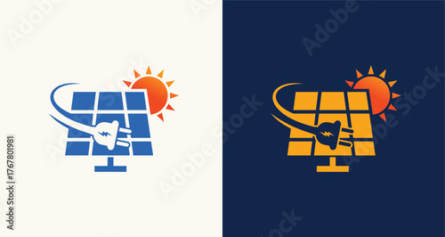 Solar panel sun plug swoosh logo clean renewable energy technology power brand identity icon
