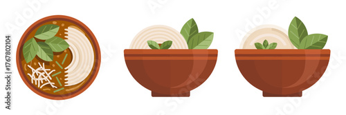 Asian noodle soup bowls, steaming broth with herbs, chopsticks garnish, comforting meal illustration, restaurant menu graphic, vector clipart