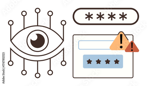 Eye connected with network nodes, password input field, warning icons highlight data protection, privacy, and hacking concerns. Ideal for cybersecurity, authentication, phishing, data theft alert