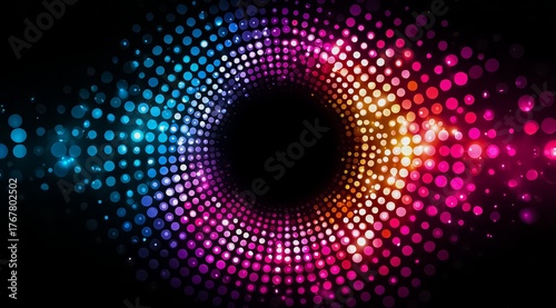 Colorful circle with many dots in it. The circle is black and the dots are in various colors
