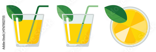Lemonade beverage set, refreshing juice glasses with straws and slice, citrus drink icons, summertime vector illustration