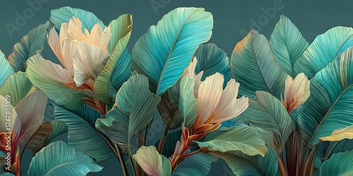 Painting of a bunch of green leaves with some yellow flowers in the middle. The painting has a calming