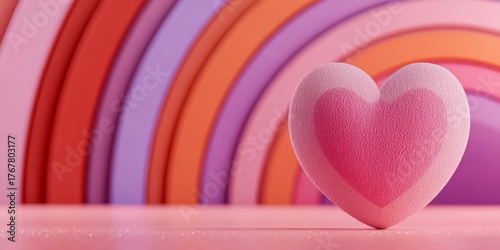 Pink heart is sitting on a pink background. The heart is surrounded by a rainbow of colors, creating a vibrant