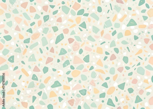 Soft pastel terrazzo pattern with irregular chips of pink green and yellow on white background