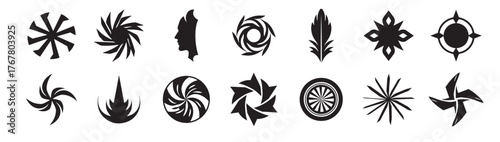 Business symbol abstract geomatic shape decorative botanical flower outline spiral swirl energy motion texture set vintage circle leaf fire water bird wing retro, vector illustration.