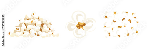 Popcorn variety icons, kernels popping, caramel butter accents, snack symbols, party celebration graphics, vector set, food clipart, isolated