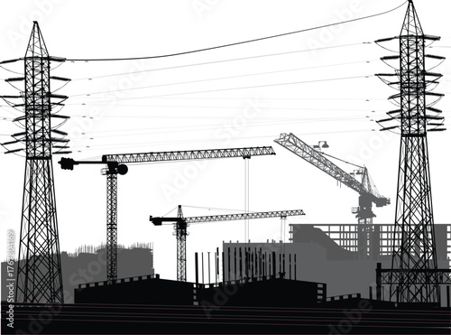 three black large cranes build house