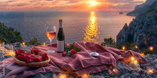 Fototapeta Naklejka Na Ścianę i Meble -  Romantic sunset picnic with wine and roses by the sea