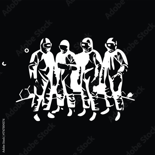 Silhouette of Scientists in Hazmat Suits on Black Background