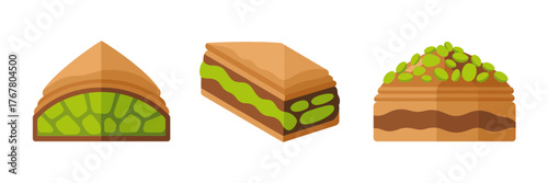 Assorted layered pastries, triangular slice, pistachio filling, sweet dessert assortment, bakery sweets collection, vector illustration, gourmet clipart