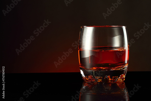 a glass of alcohol and ice cubes