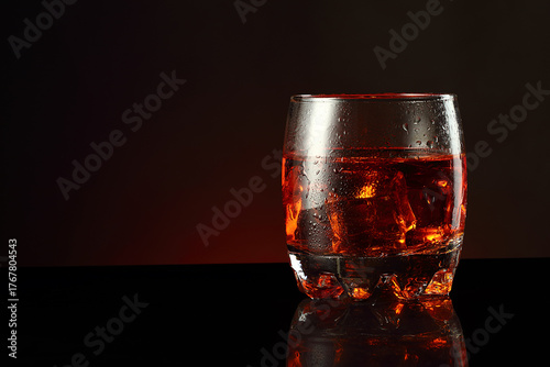 a glass of alcohol and ice cubes