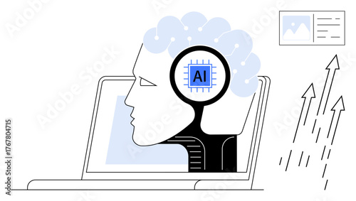 Profile view of a human head with AI chip inside, emerging from laptop, arrows and documents suggesting growth. Ideal for technology, AI development, machine learning, innovation, future, synergy