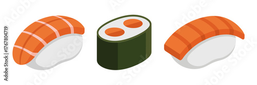 Fresh sushi set, salmon nigiri trio, classic maki roll, seafood restaurant graphic, minimalist food icons, vector design