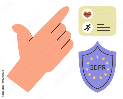 Hand pointing toward health data card featuring heartbeat and activity icons, with GDPR shield representing data privacy. Ideal for data security, healthcare, regulations, compliance, transparency