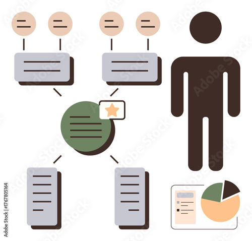 Flowchart connecting nodes, lists, and pie chart next to human figure. Ideal for data management, teamwork, analytics, planning, automation organization and process visualization. Simple flat