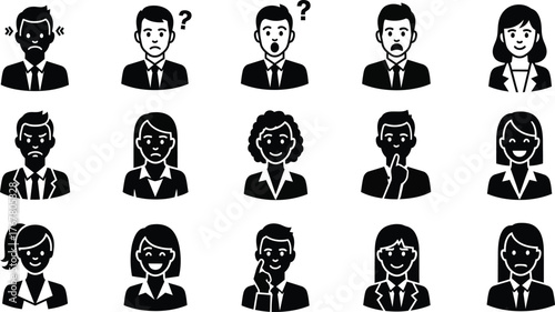 Diverse group of cartoon business people with various expressions and emotions in a sketchy style