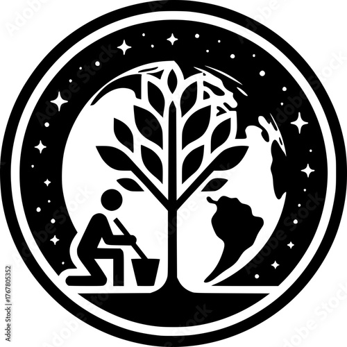 The Earth's Embrace: An Emblem of Environmental Stewardship: A stylized emblem embodies the essence of environmental consciousness. Featuring a globe cradling a burgeoning tree.