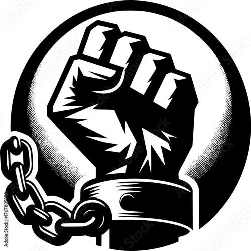 Strength against Chains: A bold depiction of a clenched fist emerging from a shackle, symbolizing resilience and the struggle for freedom.